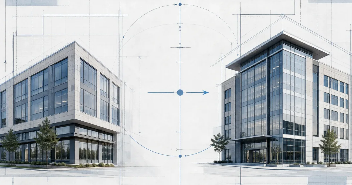 Architectural exchange study connecting two commercial properties with planning lines
